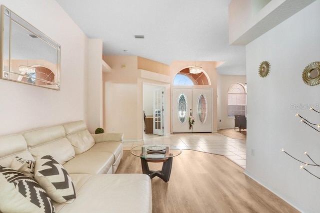 living room featuring light tile patterned floors