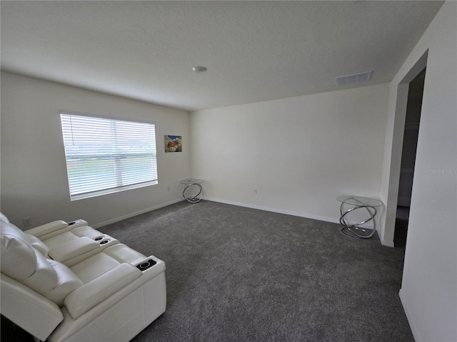 carpeted living room with a textured ceiling