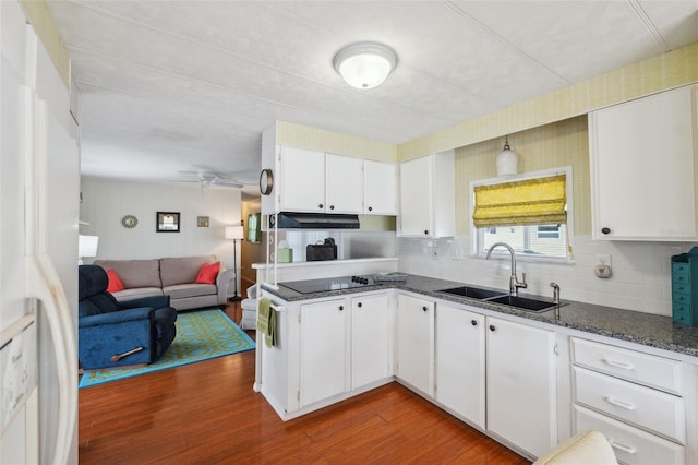 kitchen with dark hardwood / wood-style flooring, tasteful backsplash, white cabinetry, and sink