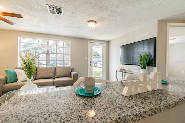 interior space featuring a textured ceiling, plenty of natural light, and ceiling fan