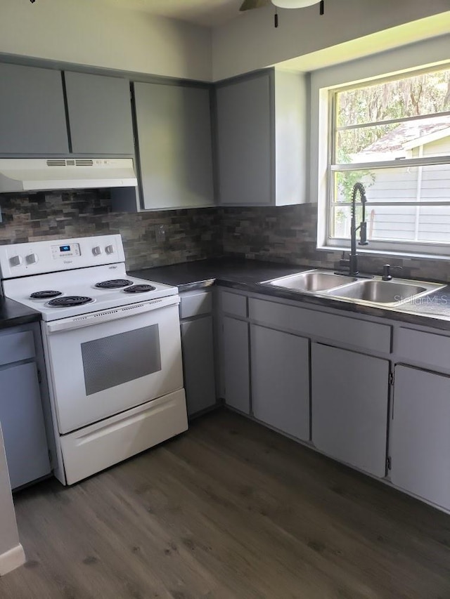 kitchen featuring white cabinetry, dark hardwood / wood-style flooring, electric range, and sink