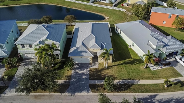 bird's eye view with a water view