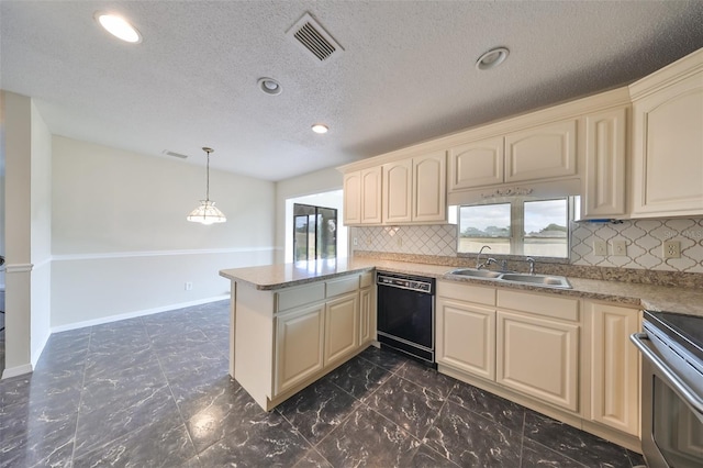 kitchen with pendant lighting, dishwasher, backsplash, sink, and kitchen peninsula