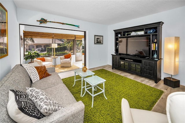 living room featuring a textured ceiling and light wood-type flooring