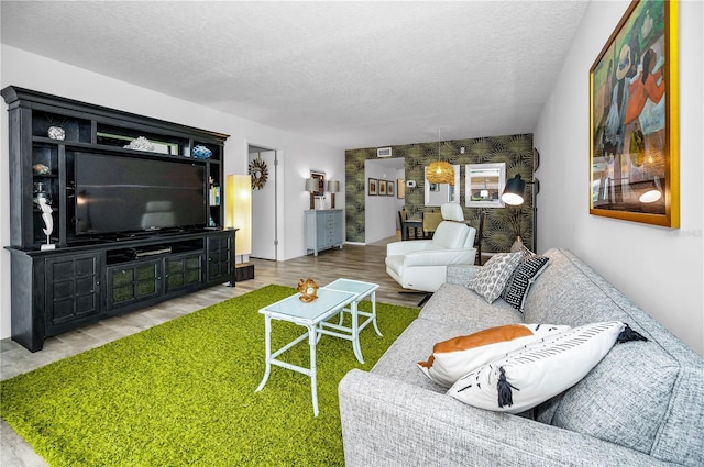 living room featuring hardwood / wood-style flooring and a textured ceiling