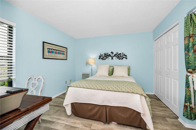 bedroom with multiple windows, hardwood / wood-style flooring, and a closet