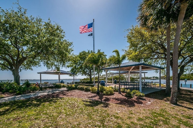 view of home's community featuring a gazebo and a water view