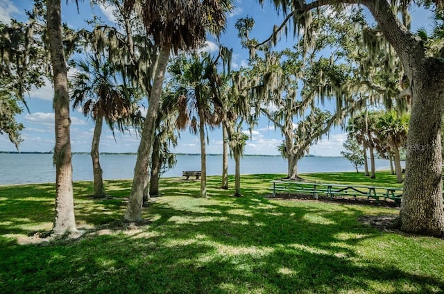 view of property's community with a water view and a lawn