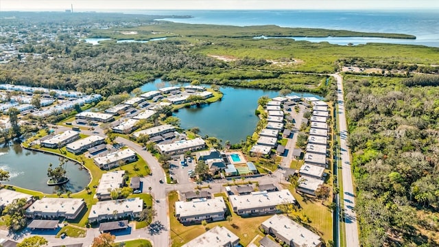 bird's eye view with a water view