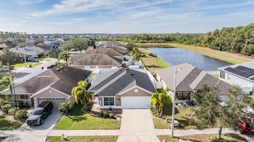 drone / aerial view featuring a water view