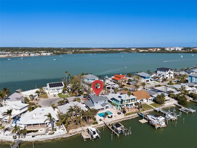 drone / aerial view with a water view