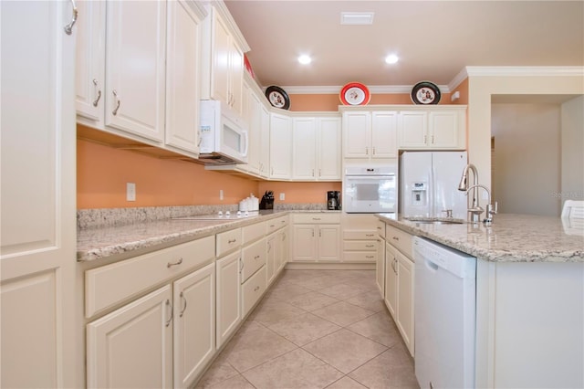 kitchen featuring white appliances, sink, crown molding, light stone countertops, and light tile patterned floors