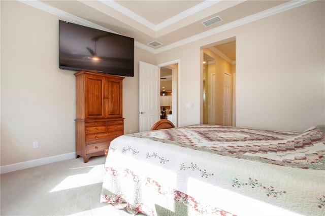 bedroom featuring light carpet and ornamental molding