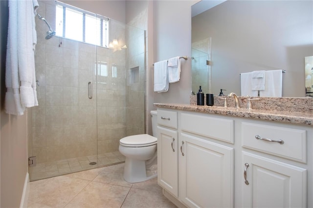 bathroom with tile patterned flooring, vanity, toilet, and an enclosed shower