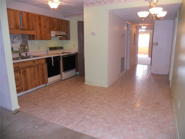 kitchen with white range with electric cooktop, dishwasher, sink, and ceiling fan with notable chandelier