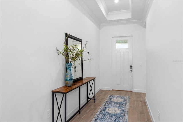 entryway featuring ornamental molding, a raised ceiling, and light hardwood / wood-style flooring