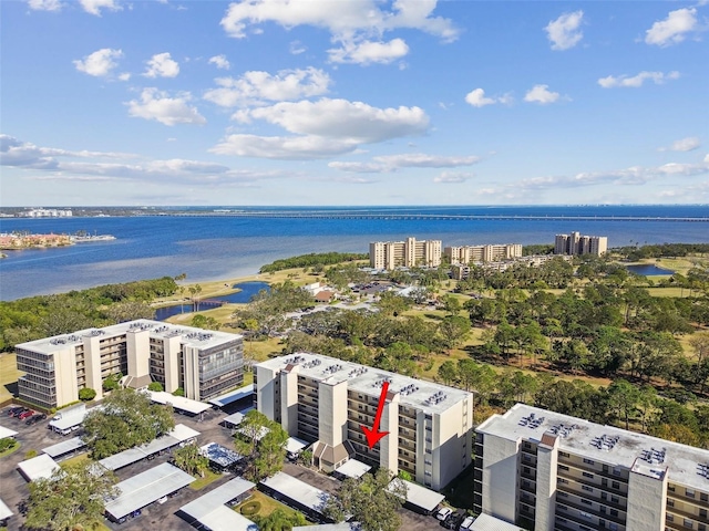 drone / aerial view featuring a water view