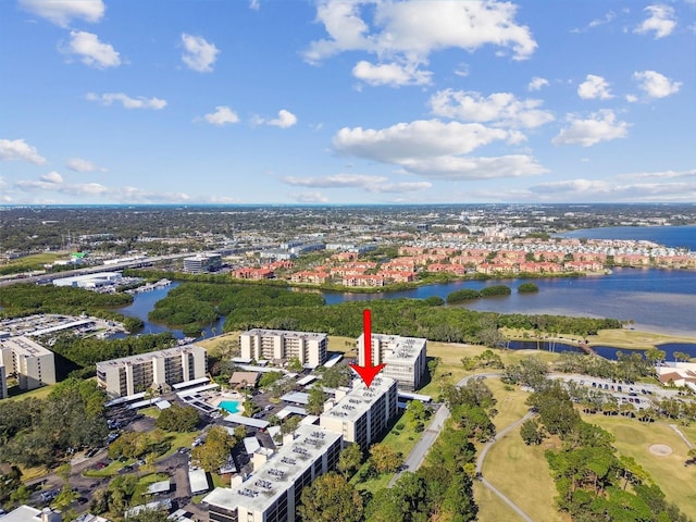 birds eye view of property featuring a water view