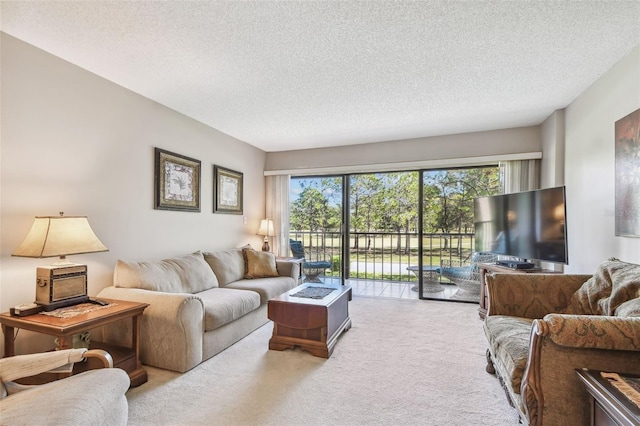 carpeted living room featuring a textured ceiling