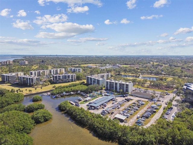 bird's eye view with a water view