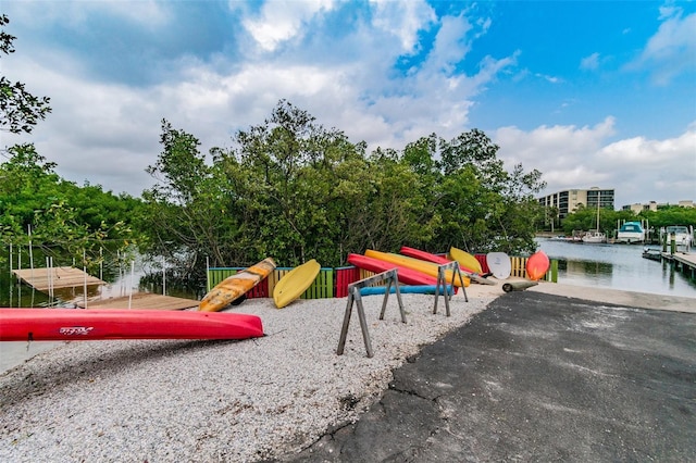 view of play area featuring a water view