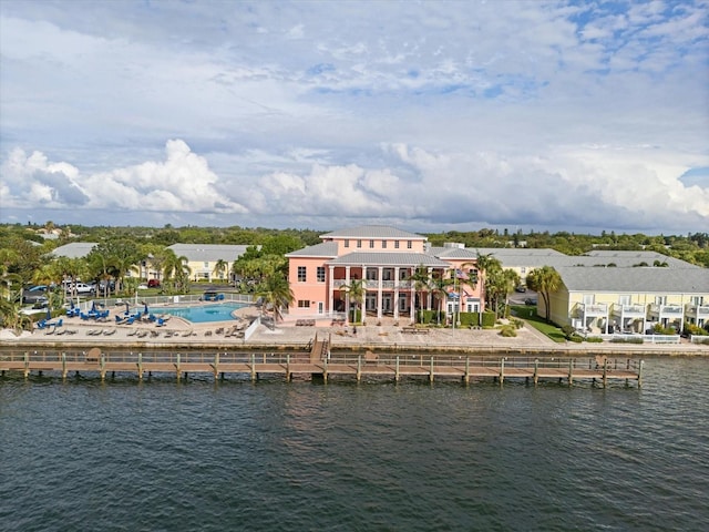 drone / aerial view featuring a water view