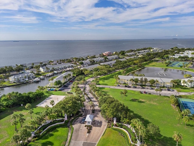 bird's eye view with a water view