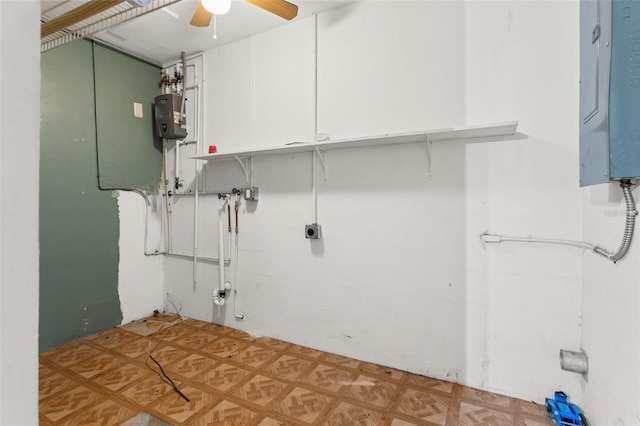 washroom featuring cabinets, light parquet floors, and ceiling fan