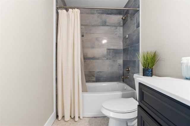 full bathroom with tile patterned flooring, shower / bath combination with curtain, toilet, and vanity