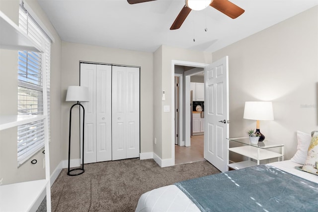 bedroom with carpet floors, a closet, and ceiling fan