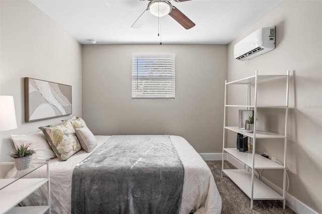 carpeted bedroom featuring an AC wall unit and ceiling fan