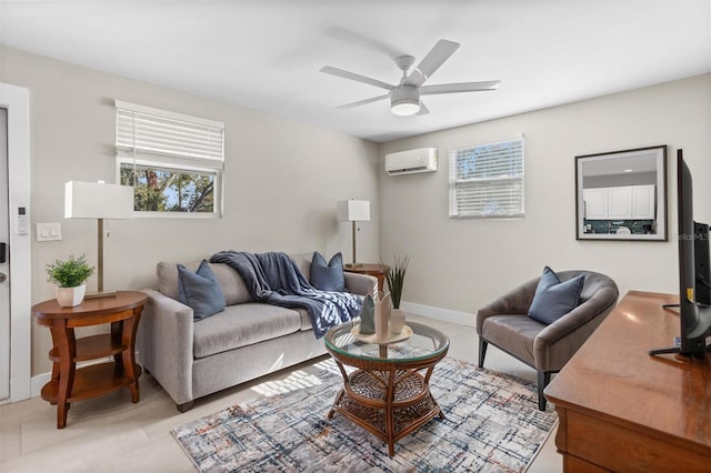 living room with light tile patterned flooring, a wall mounted AC, and ceiling fan