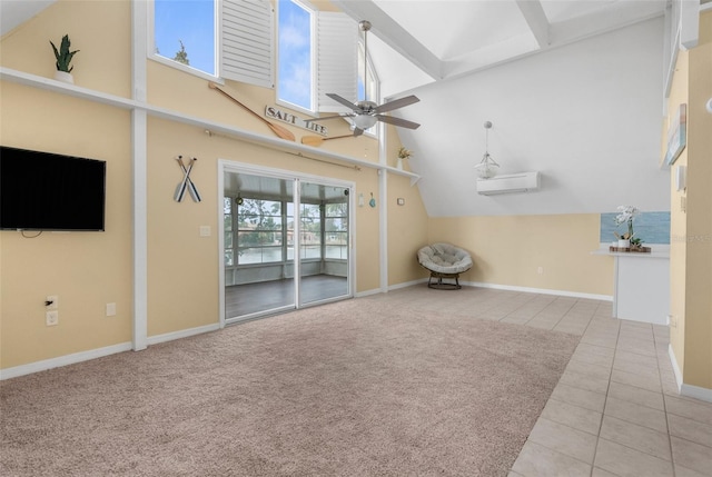 unfurnished living room featuring ceiling fan, beamed ceiling, light carpet, and high vaulted ceiling