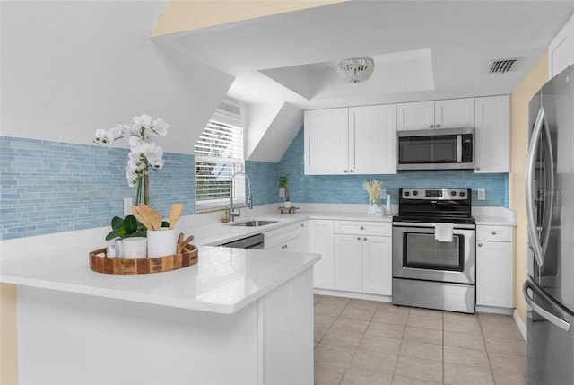 kitchen with white cabinetry, sink, kitchen peninsula, and stainless steel appliances