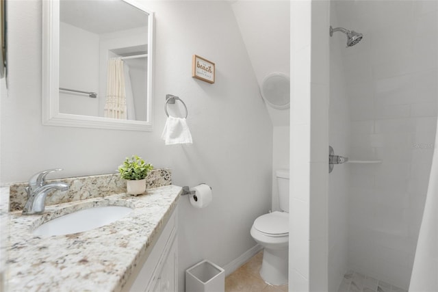 bathroom featuring a shower with shower curtain, vanity, toilet, and tile patterned flooring