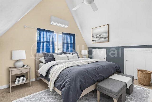 bedroom with baseboards, vaulted ceiling, a wall mounted air conditioner, a ceiling fan, and carpet