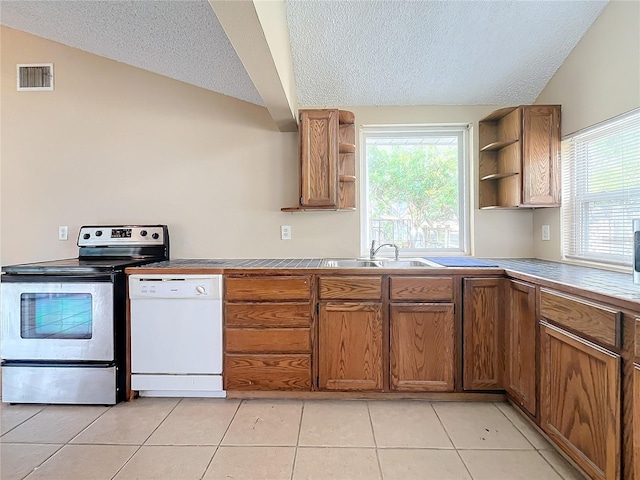 kitchen featuring dishwasher, a healthy amount of sunlight, stainless steel electric range oven, and vaulted ceiling