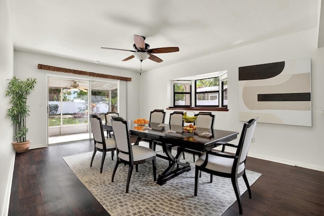 dining space featuring ceiling fan and dark wood-type flooring