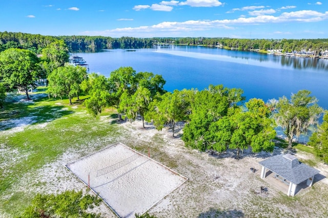 drone / aerial view with a water view