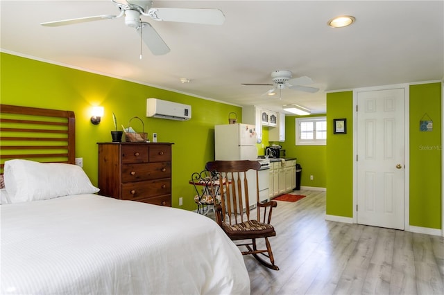 bedroom with an AC wall unit, ceiling fan, ornamental molding, and light wood-type flooring