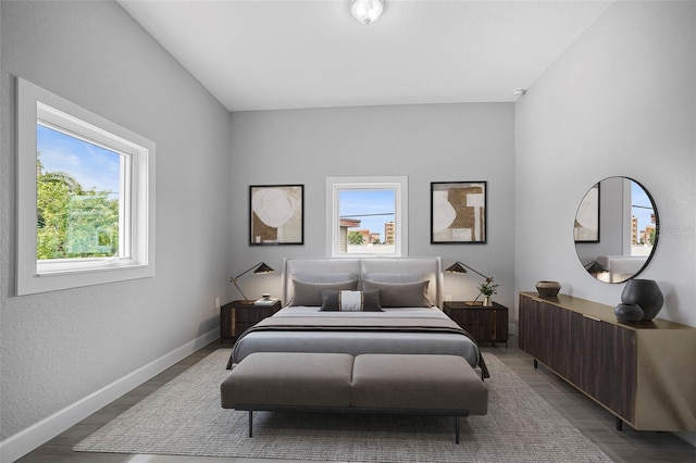 bedroom featuring wood-type flooring and multiple windows