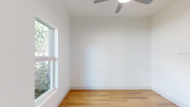 unfurnished room featuring ceiling fan, light hardwood / wood-style flooring, and a healthy amount of sunlight