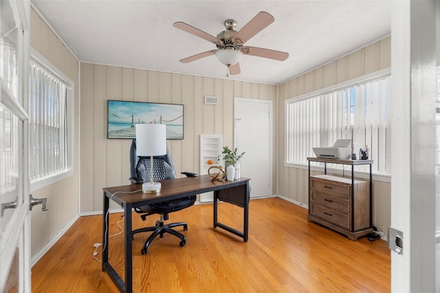 office area featuring ceiling fan, a healthy amount of sunlight, and light wood-type flooring