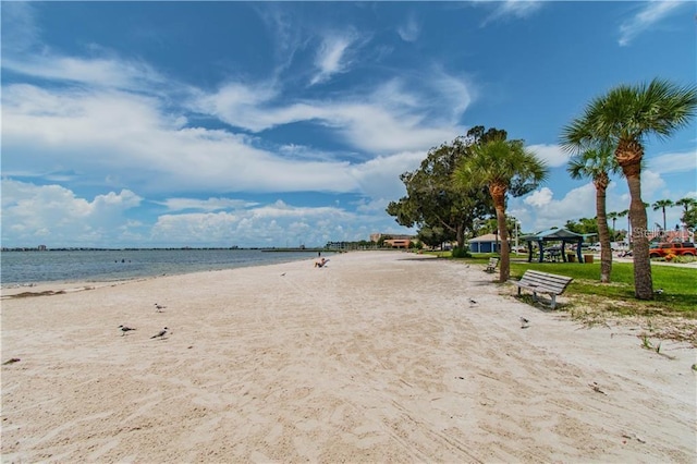 water view featuring a view of the beach and a gazebo