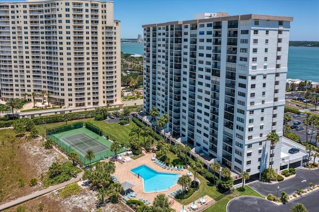 drone / aerial view featuring a water view