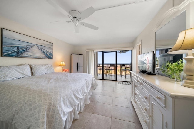 tiled bedroom featuring ceiling fan and access to outside