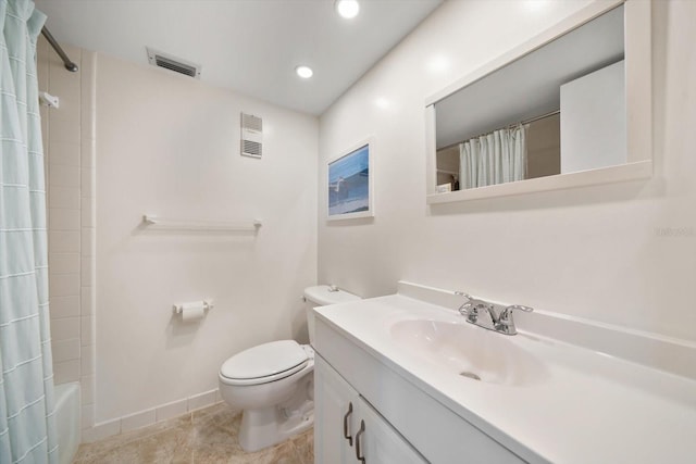 full bathroom with tile patterned flooring, vanity, toilet, and shower / bath combo with shower curtain