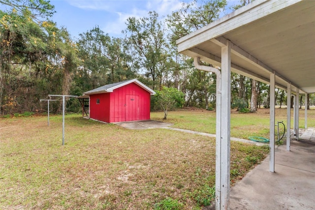 view of yard with a patio area and a storage shed