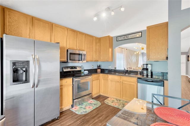 kitchen featuring sink, light brown cabinets, an inviting chandelier, light hardwood / wood-style flooring, and appliances with stainless steel finishes