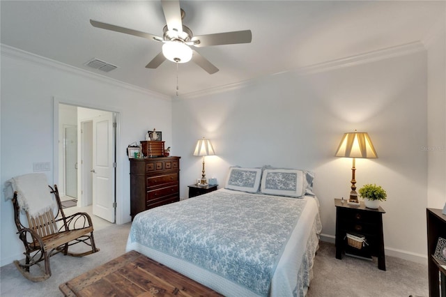 bedroom featuring ceiling fan, ornamental molding, and light carpet